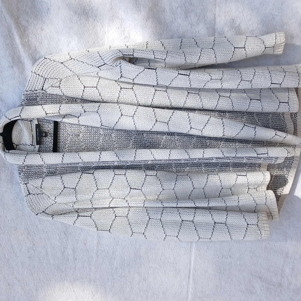 Ann Taylor SMALL Open-Front Cardigan Jacket Hexagon Beige Black Wool Blend